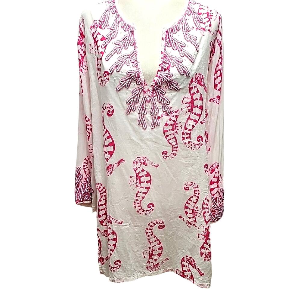 KeyLime & Pink Seahorse Beautifully Beaded 100% Pure Cotton Coverup Wmn Size XL